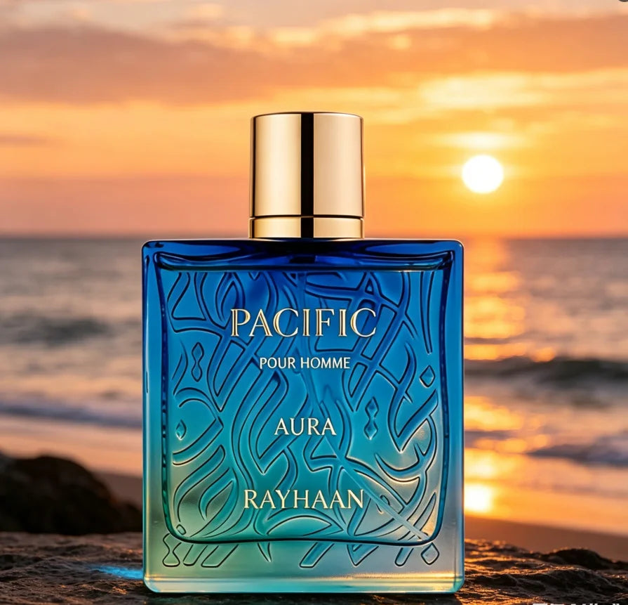 Rayhaan Pacific Aura Pour Homme Men's perfume Aquatic citrus fragrance, 3.4oz100ml, gradual blue-green ripple bottle body, visual sense of sea breeze