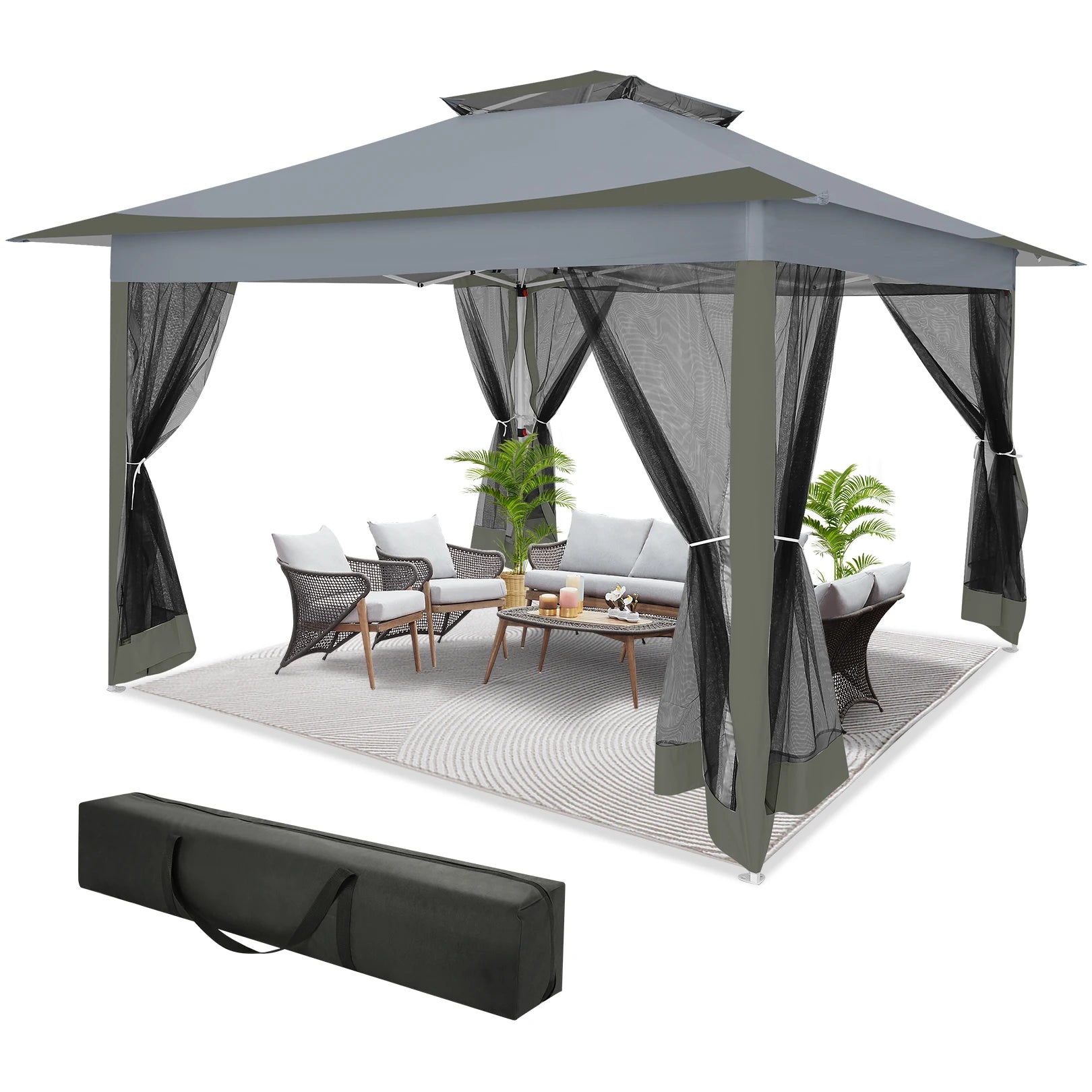 12x12ft Pop Up Gazebo Canopy Tent Easy Set Up Outdoor Portable Pavilion Sunshade Shelter With Mosquito Nettings & Sidewalls Double Vented Roof And Carry Bag For Patio Garden Lawn 3 Height Adjustable