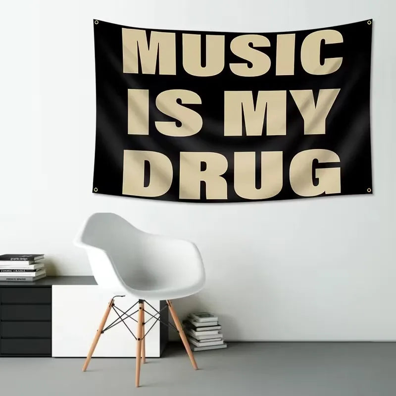 1PC  Music Is My Drug quote tapestry, designed for music lovers, features a minimalist black and brown font, adding a trendy de