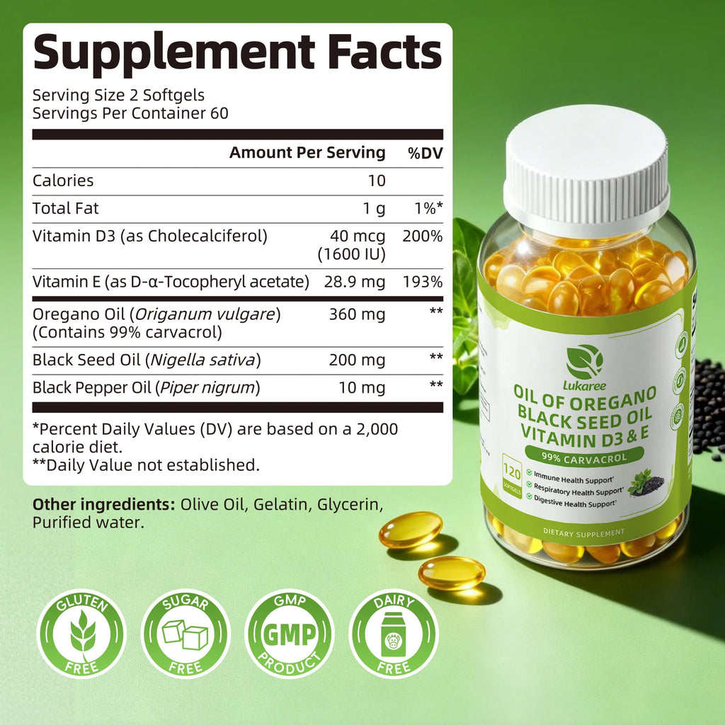 LUKAREE Oregano Oil Capsules with Black Seed Oil,Garlic Oil,Vitamin D3 E for Antioxidant,Immune & Digestive Support Non GMO
