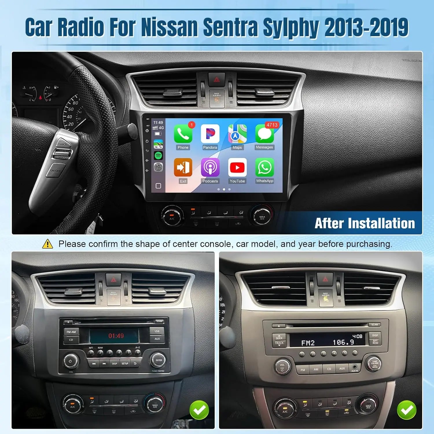 8Core Android Car Stereo for Nissan Sentra 2013 2014 2015 2016 2017 2018 2019 Radio Upgrade 10.1" IPS Touchscreen for Sentra Radio with Carplay Android Auto/Bluetooth/WiFi/FM/GPS/Canbus/MIC