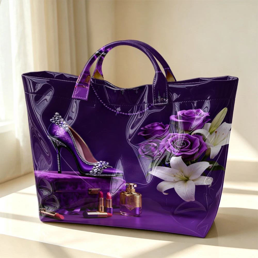1pc Retro Purple High-Heeled Shoes Floral Print Tote Bag, Exquisite and Elegant Pattern Handbag, Artistic Handbag with Atmosphere, Practical and Versatile Storage Tote Bag for Large-Capacity Shopping and Commuting.