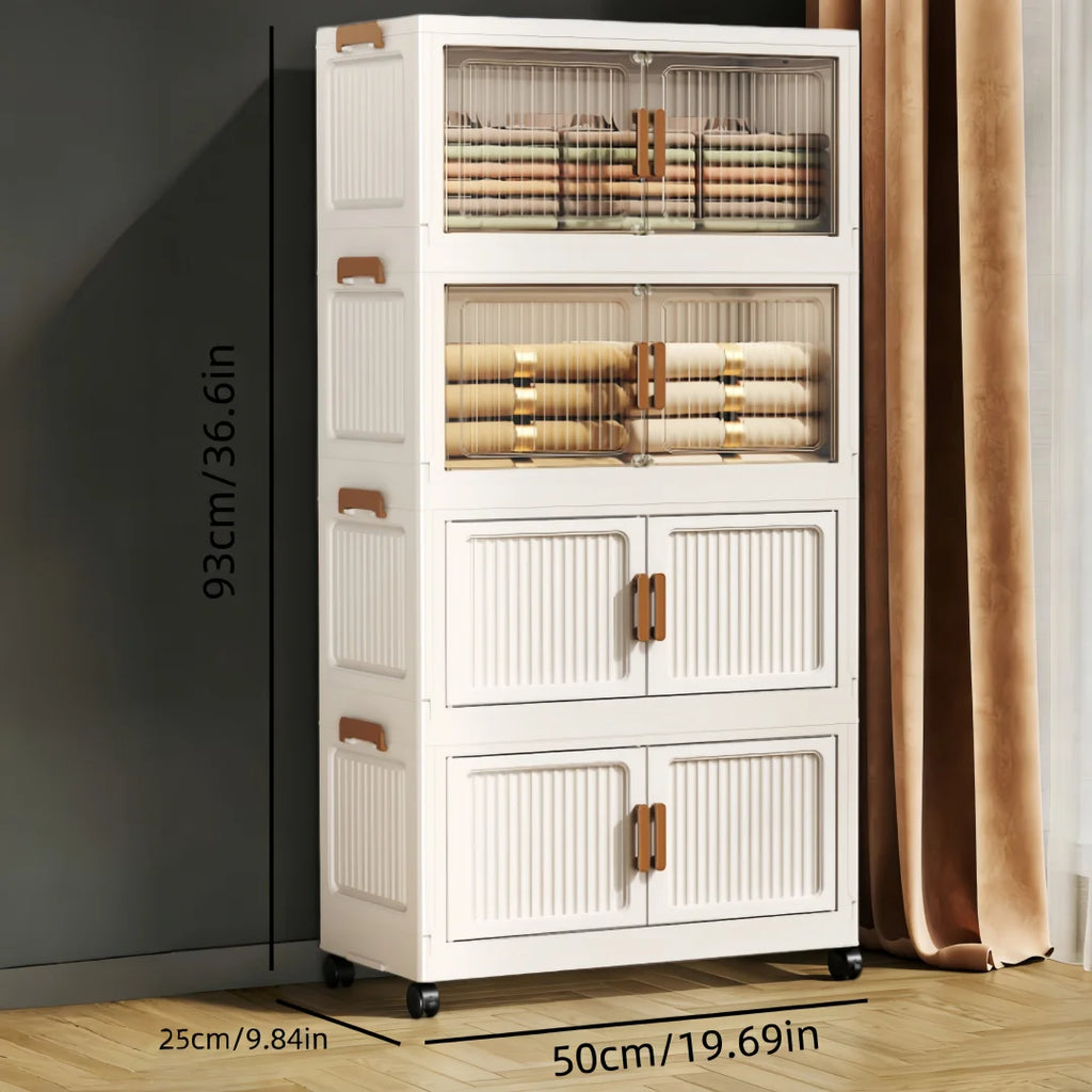3/4/5/6-layer white plastic storage bins, foldable and stackable, with double doors, handles, and lockable wheels, see-through for easy storage, perfect for bedrooms, closets, and the living room