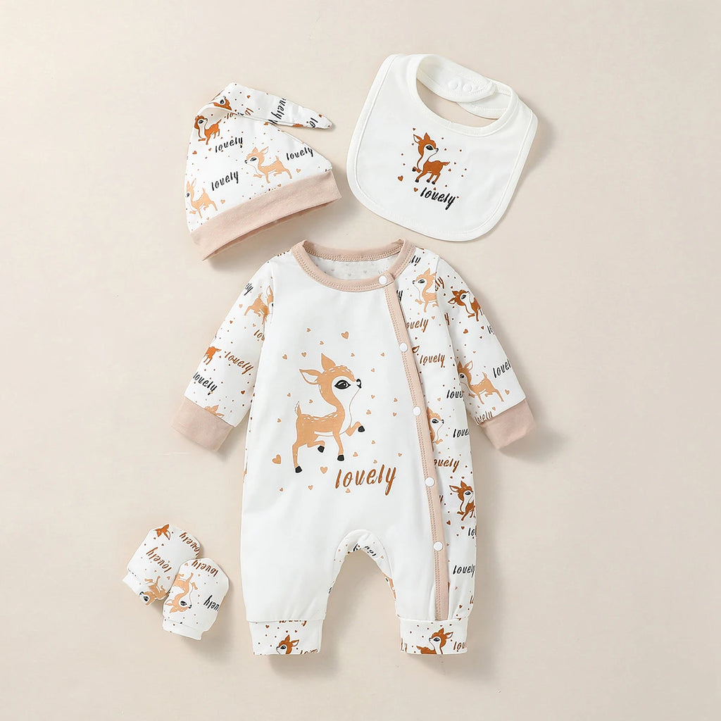 4PCS Baby Unisex Long Sleeve Round Neck Animal Print With Button Casual Jumpsuit +Bib+Hat+Gloves