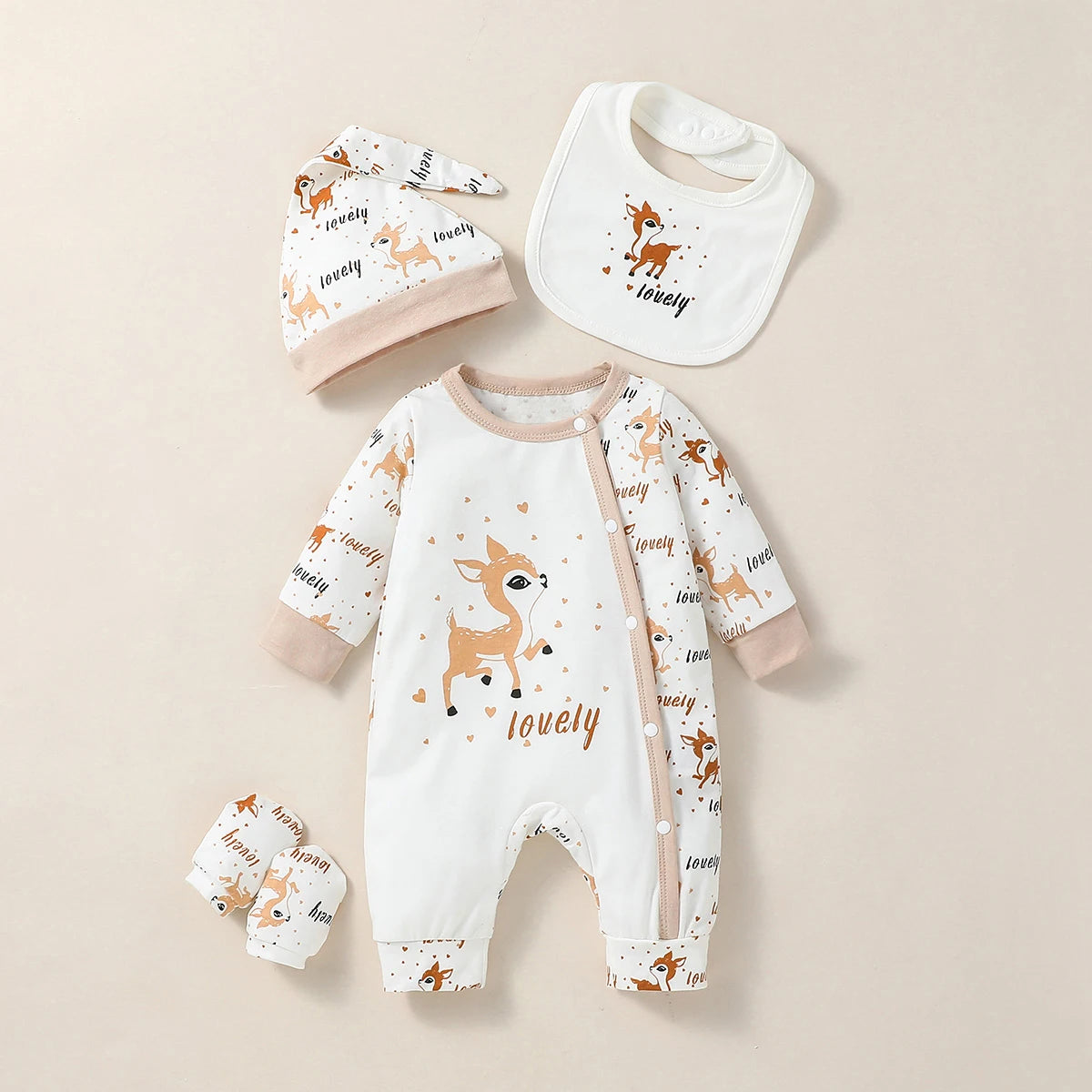 4PCS Baby Unisex Long Sleeve Round Neck Animal Print With Button Casual Jumpsuit +Bib+Hat+Gloves
