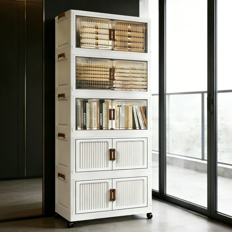 3/4/5/6-layer white plastic storage bins, foldable and stackable, with double doors, handles, and lockable wheels, see-through for easy storage, perfect for bedrooms, closets, and the living room