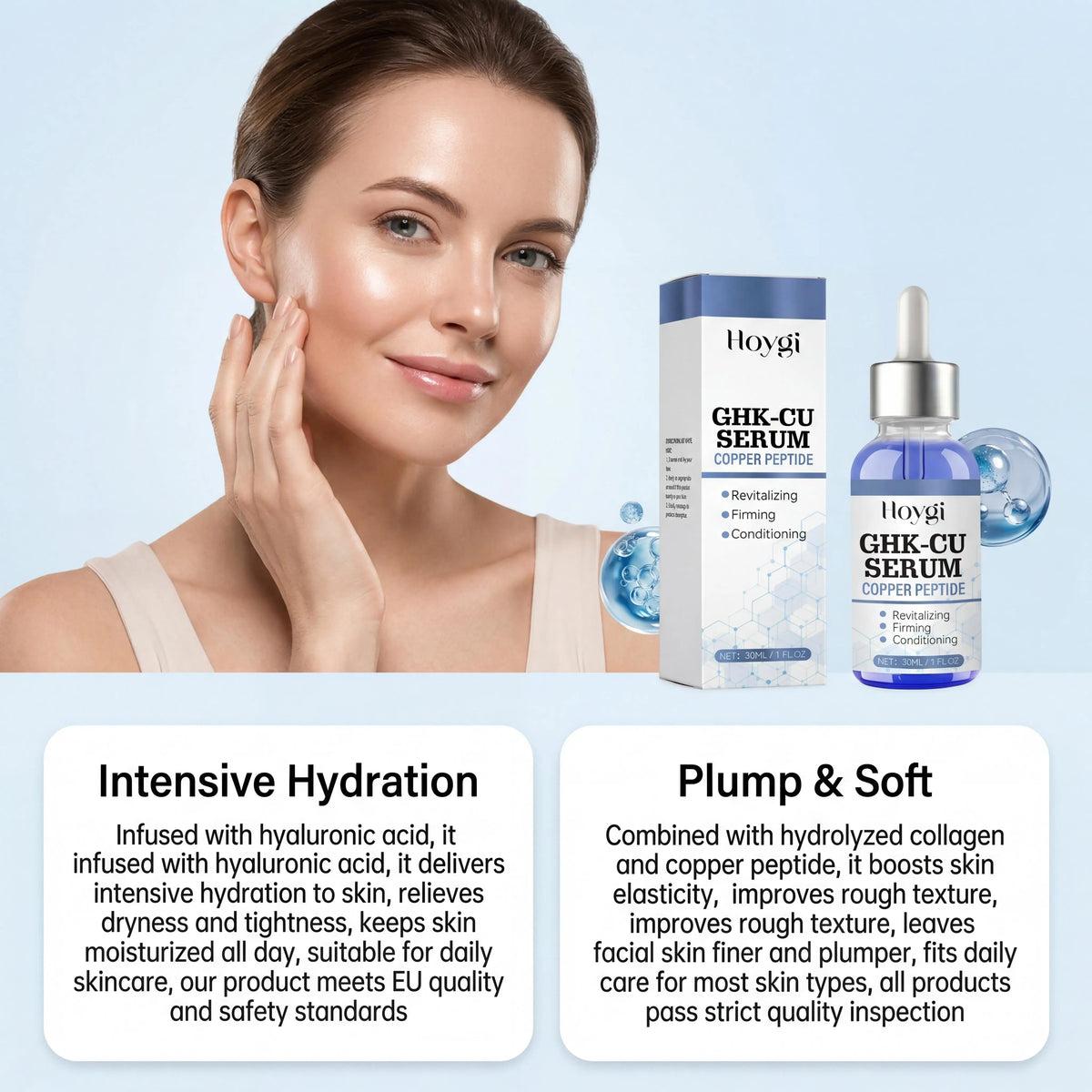Hoygi Ghk-Cu Copper Peptide Face Serum Hyaluronic Acid Barrier Repair Brightening Effect Instant Hydration Skin Firming Anti-Wrinkle Fade Fine Lines Shrink Pores Facial Skin Care