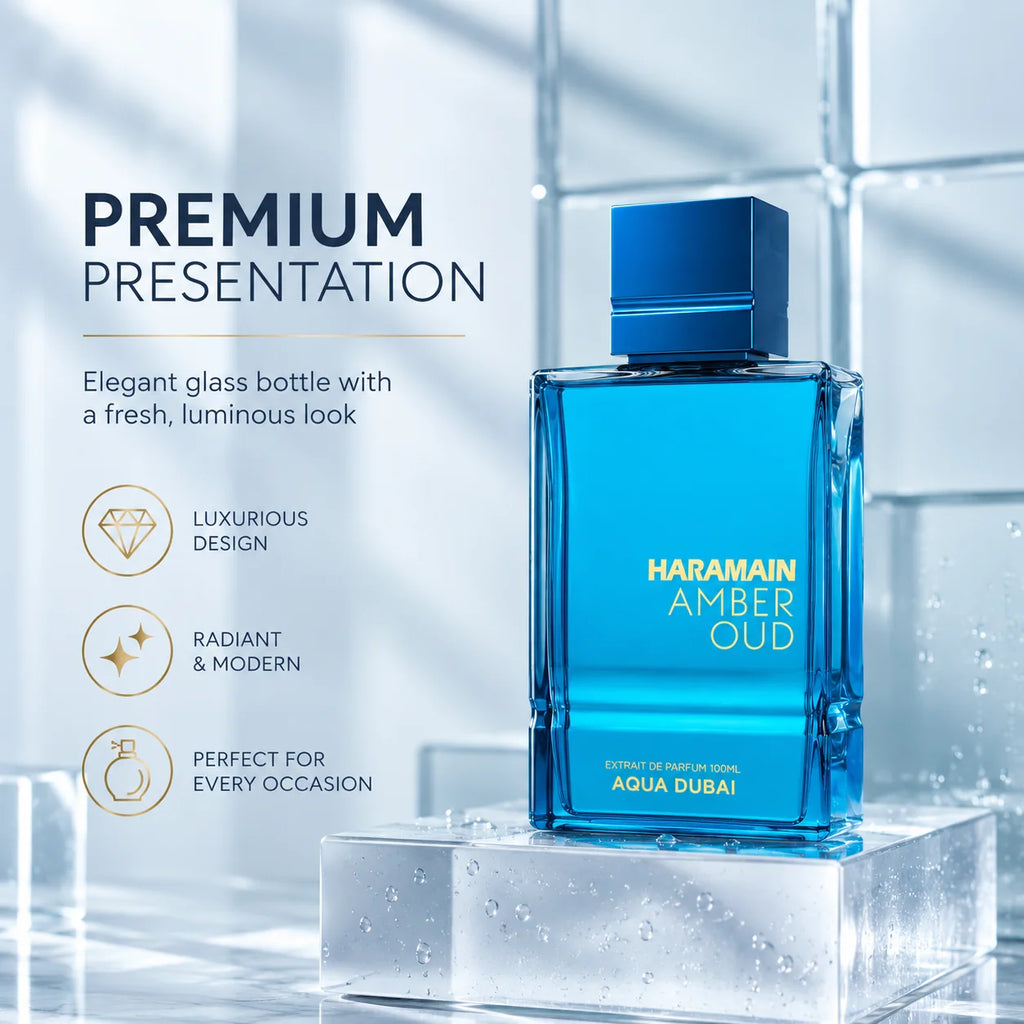 Al Haramain Amber Oud Aqua Dubai Extrait de Parfum, Fresh Vibrant Coastal Fragrance, Aquatic Citrus Amber Woody Scent, Bright Blue Premium Bottle for Summer Days, Resort Wear and Daytime Occasions