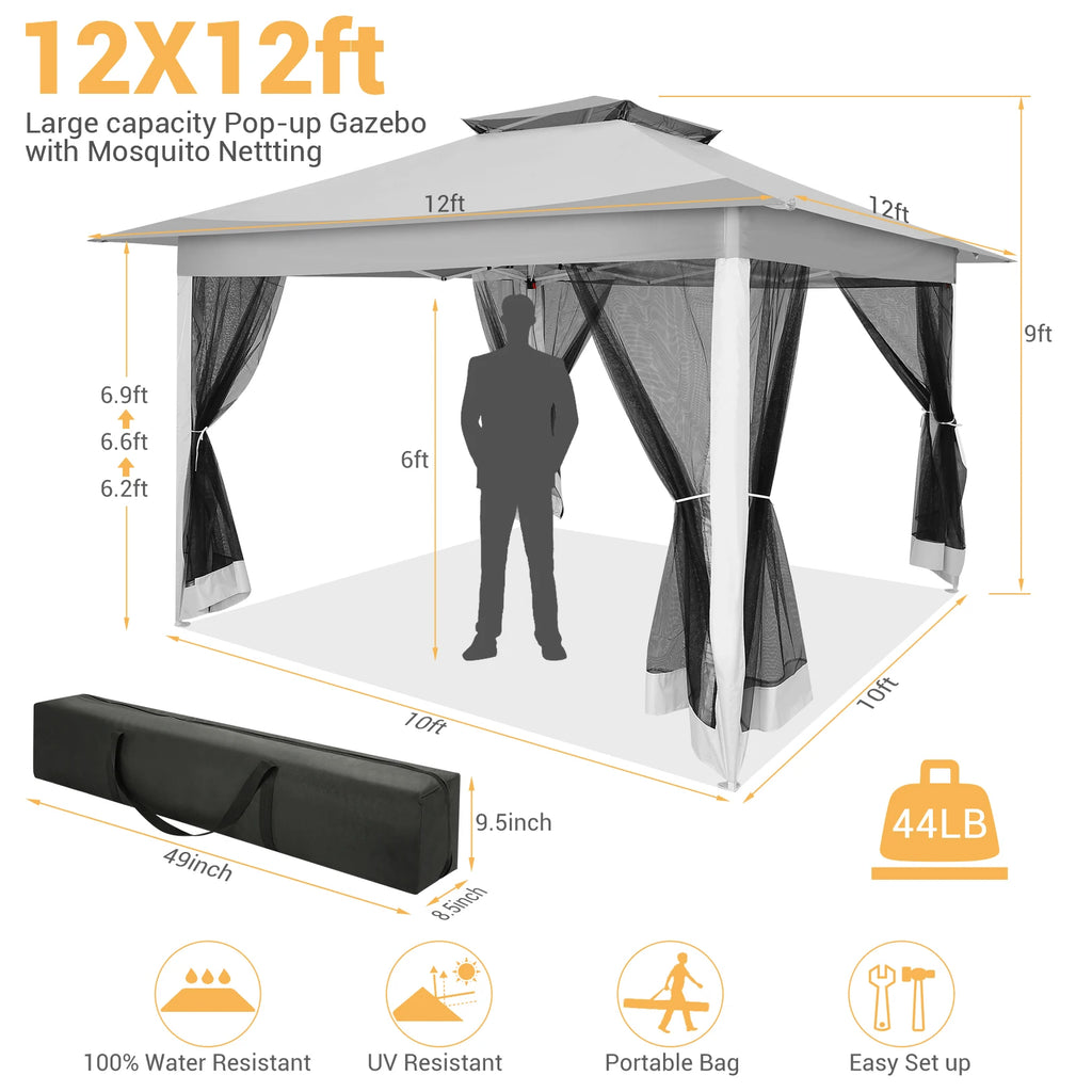 12x12ft Pop Up Gazebo Canopy Tent Easy Set Up Outdoor Portable Pavilion Sunshade Shelter With Mosquito Nettings & Sidewalls Double Vented Roof And Carry Bag For Patio Garden Lawn 3 Height Adjustable