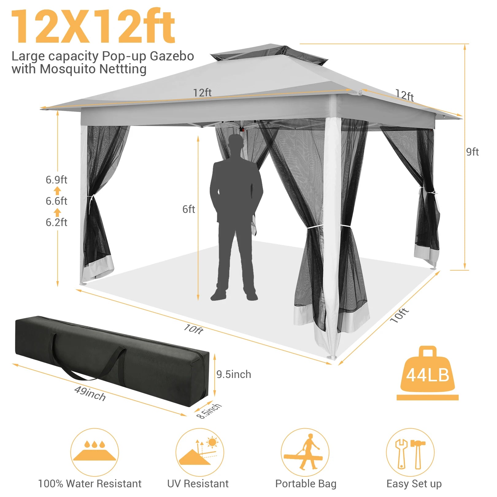 12x12ft Pop Up Gazebo Canopy Tent Easy Set Up Outdoor Portable Pavilion Sunshade Shelter With Mosquito Nettings & Sidewalls Double Vented Roof And Carry Bag For Patio Garden Lawn 3 Height Adjustable