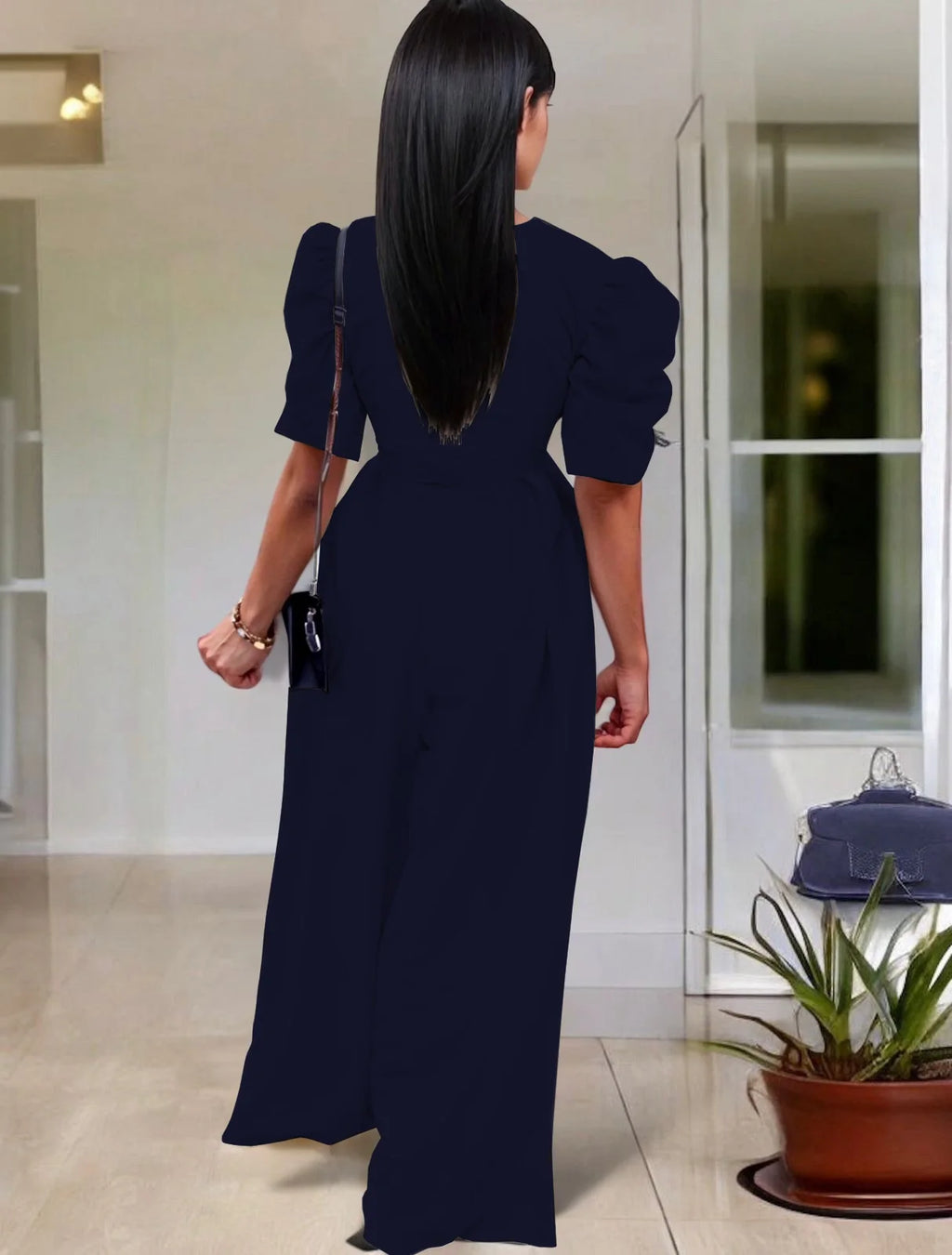 Wide Leg Jumpsuit V Neck Puff Sleeve Casual for Women