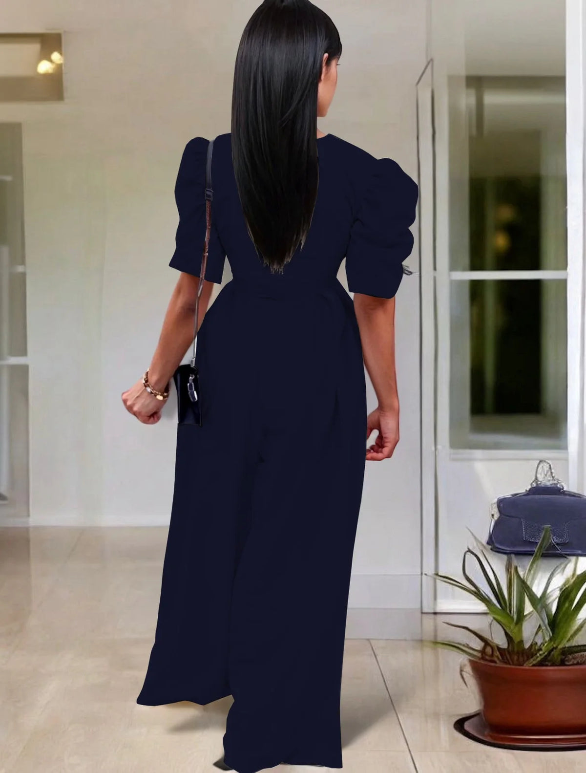 Wide Leg Jumpsuit V Neck Puff Sleeve Casual for Women
