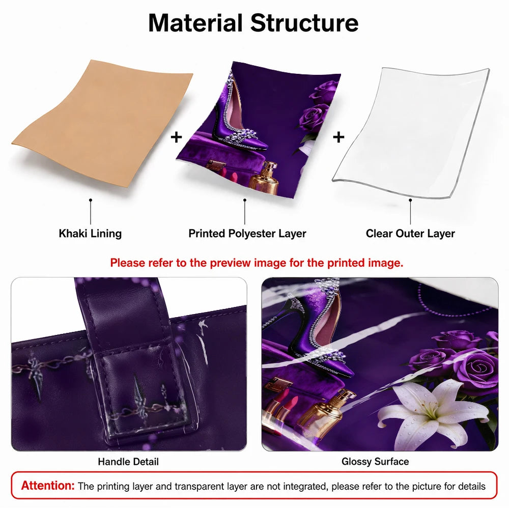 1pc Retro Purple High-Heeled Shoes Floral Print Tote Bag, Exquisite and Elegant Pattern Handbag, Artistic Handbag with Atmosphere, Practical and Versatile Storage Tote Bag for Large-Capacity Shopping and Commuting.