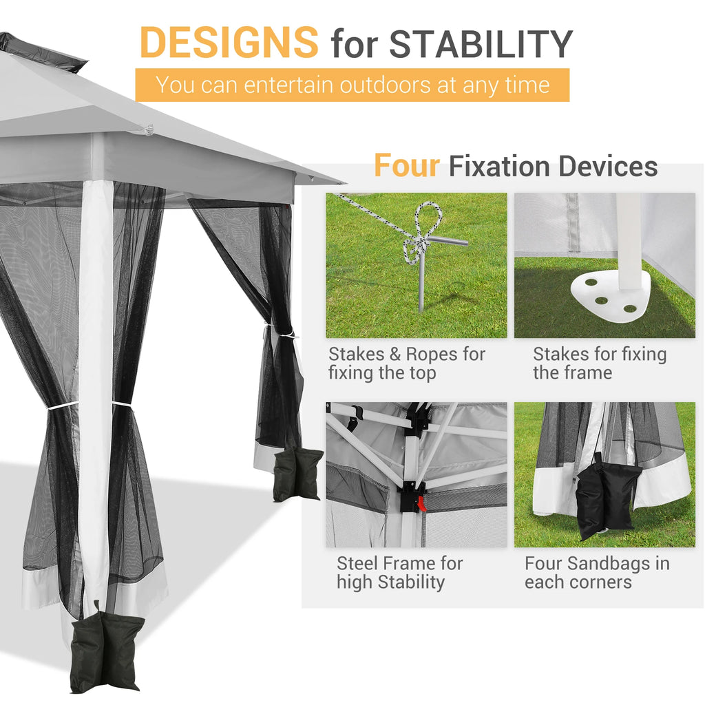 12x12ft Pop Up Gazebo Canopy Tent Easy Set Up Outdoor Portable Pavilion Sunshade Shelter With Mosquito Nettings & Sidewalls Double Vented Roof And Carry Bag For Patio Garden Lawn 3 Height Adjustable