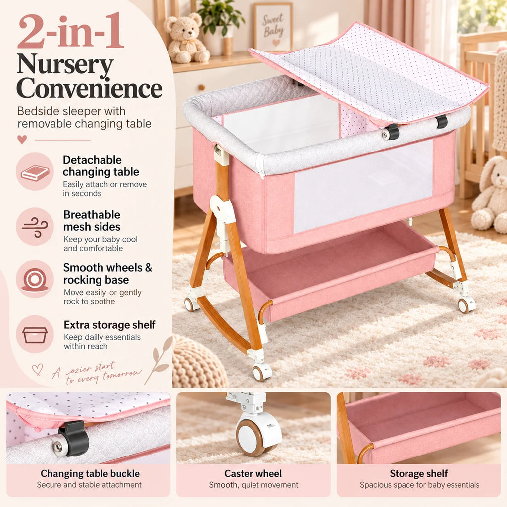 Kmaier Baby Bassinet Foldable Portable Bedside Crib,With Removable Changing Station,Storage Basket Breathable Mesh& Lockable Wheels,Pink Dark Grey