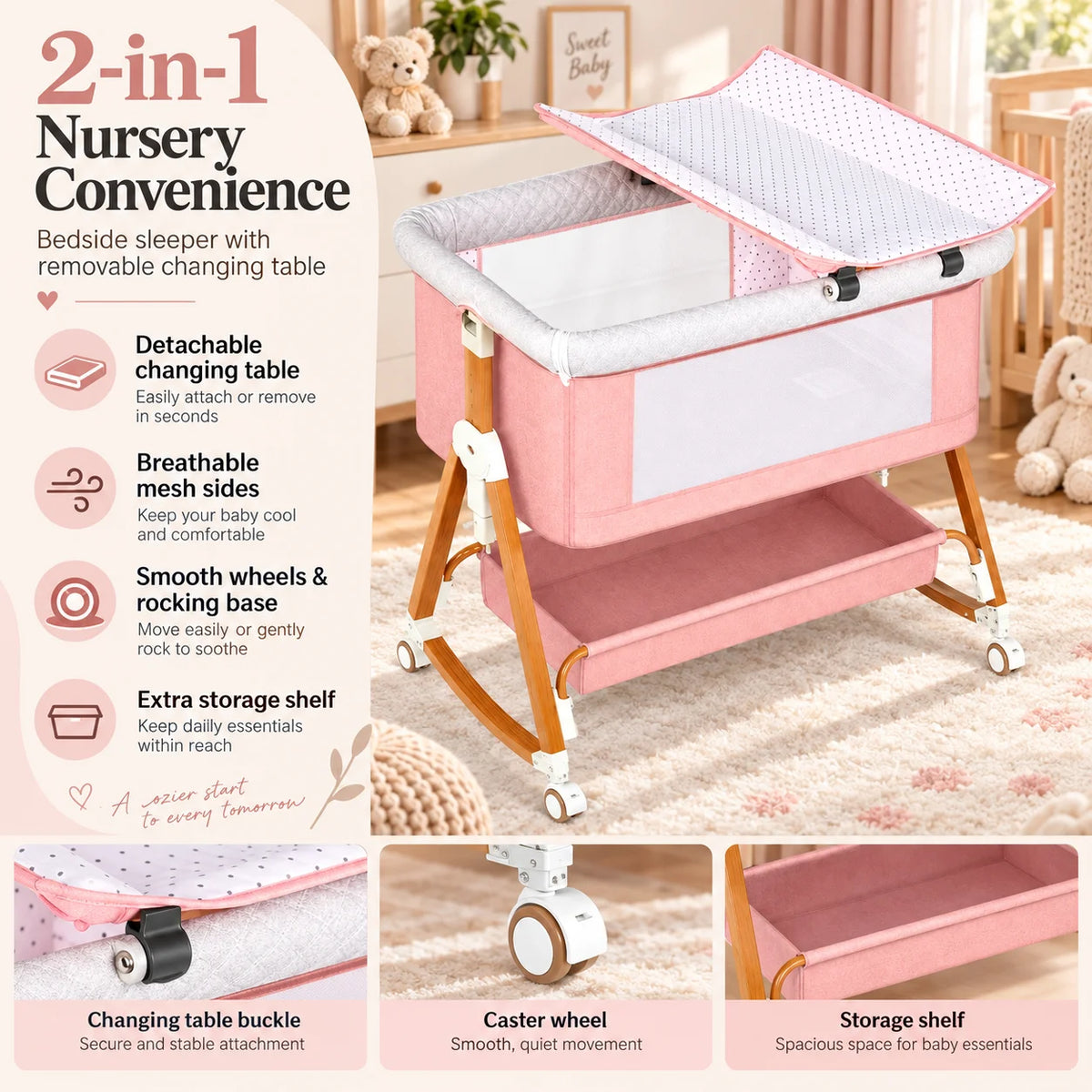 Kmaier Baby Bassinet Foldable Portable Bedside Crib,With Removable Changing Station,Storage Basket Breathable Mesh& Lockable Wheels,Pink Dark Grey