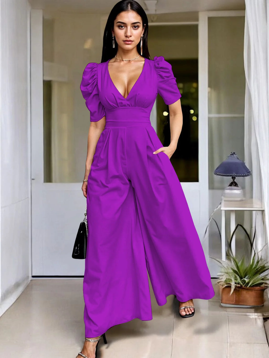 Wide Leg Jumpsuit V Neck Puff Sleeve Casual for Women
