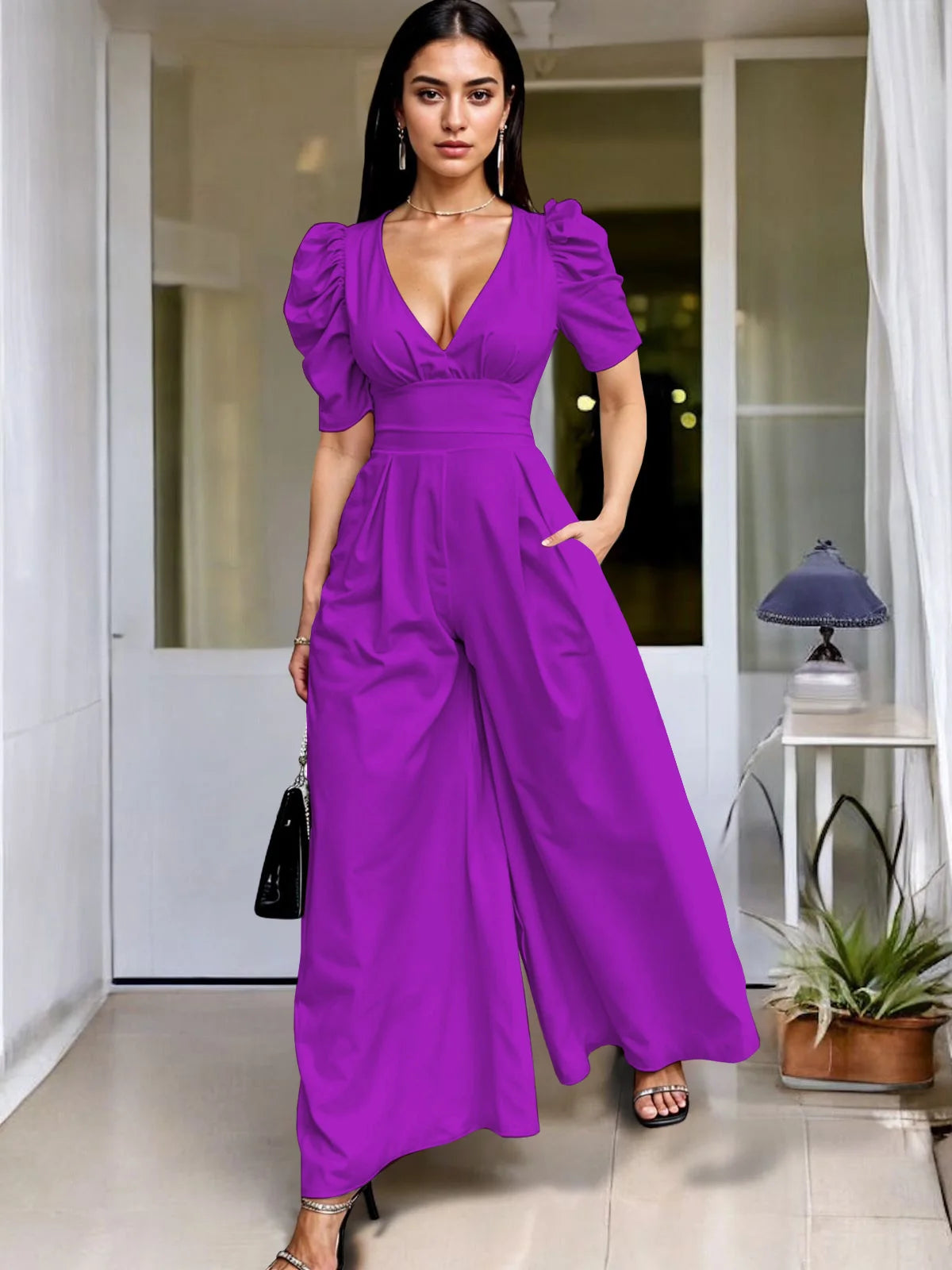 Wide Leg Jumpsuit V Neck Puff Sleeve Casual for Women