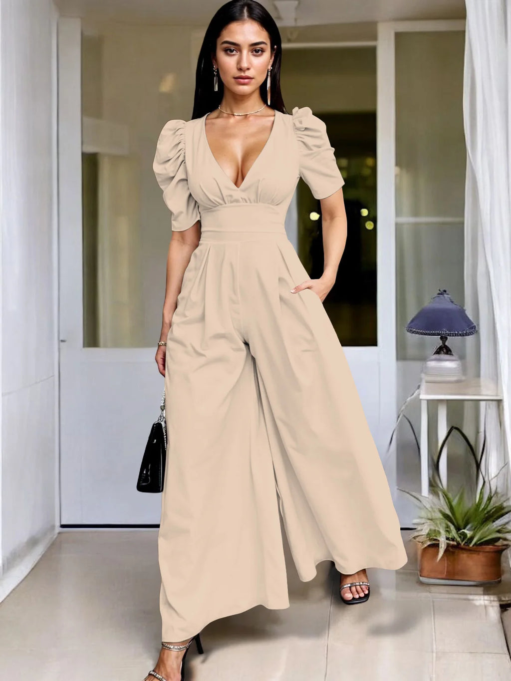 Wide Leg Jumpsuit V Neck Puff Sleeve Casual for Women