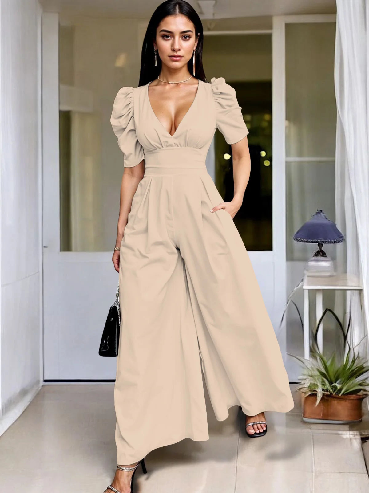 Wide Leg Jumpsuit V Neck Puff Sleeve Casual for Women