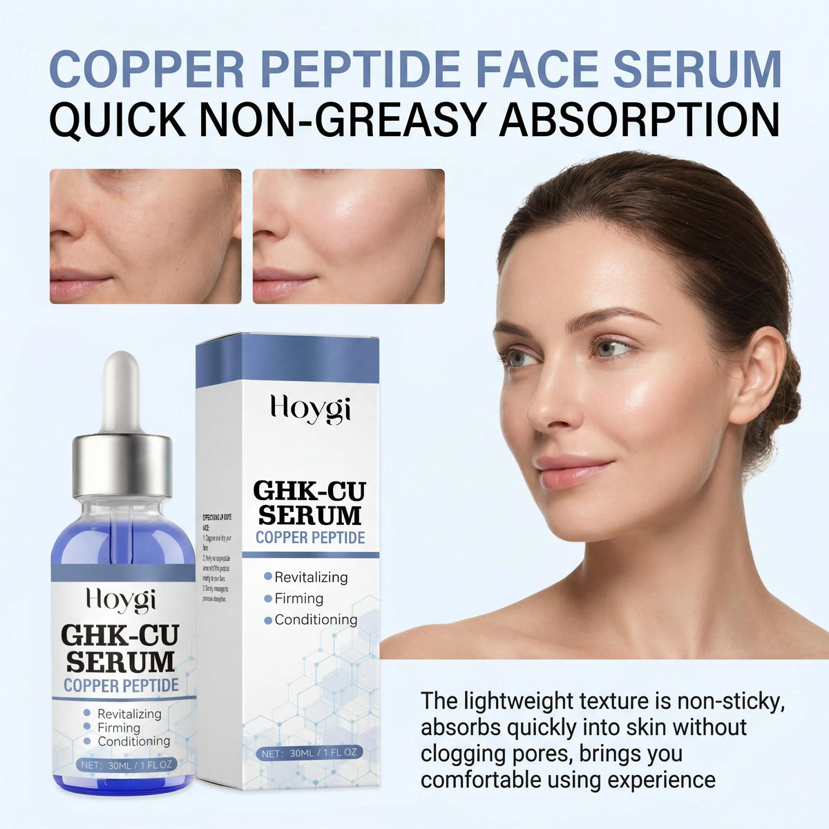 Hoygi Ghk-Cu Copper Peptide Face Serum Hyaluronic Acid Barrier Repair Brightening Effect Instant Hydration Skin Firming Anti-Wrinkle Fade Fine Lines Shrink Pores Facial Skin Care
