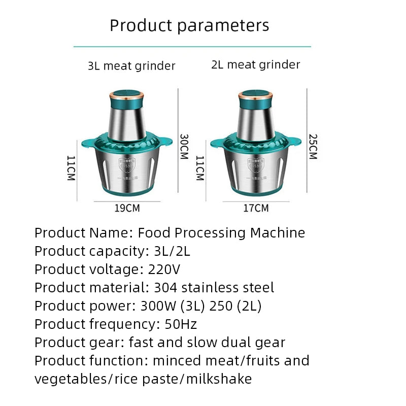 Electric Meat Grinders 3L Food Crusher Stainless Steel Multifunctional Vegetable Slicer Processor Chopper Kitchen Blenders