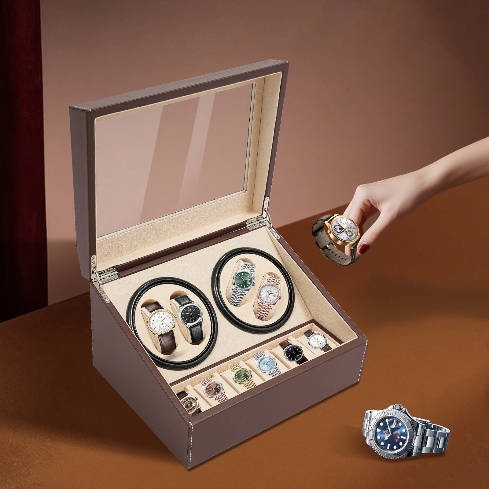 4+6 Watch Winder Automatic Watches Shaker PU Leather Mechanical Watch Box Watch Jewelry Display Box Storage Case For Gift Father’s Day Gifts