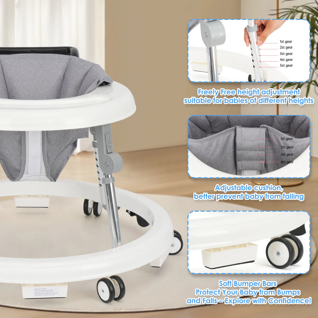 Wismind Baby Walker with Adjustable Height, Foldable Toddler Walker with Wheels & Activity Tray