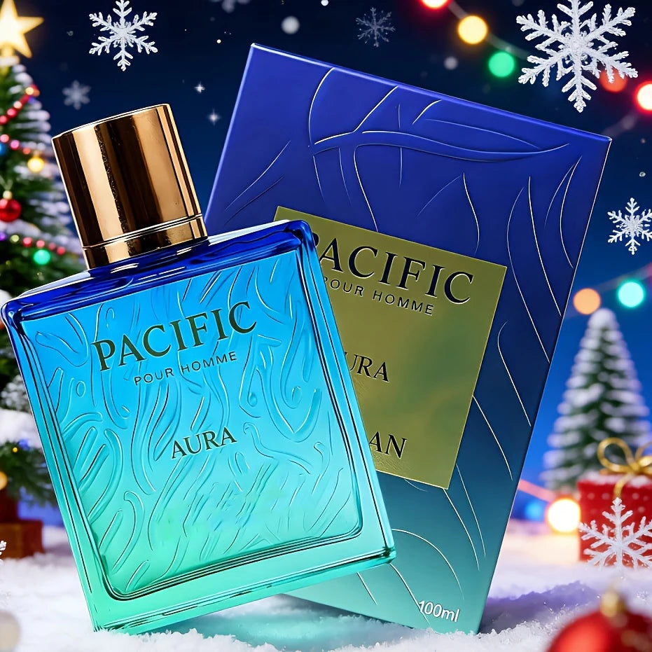 Rayhaan Pacific Aura Pour Homme Men's perfume Aquatic citrus fragrance, 3.4oz100ml, gradual blue-green ripple bottle body, visual sense of sea breeze