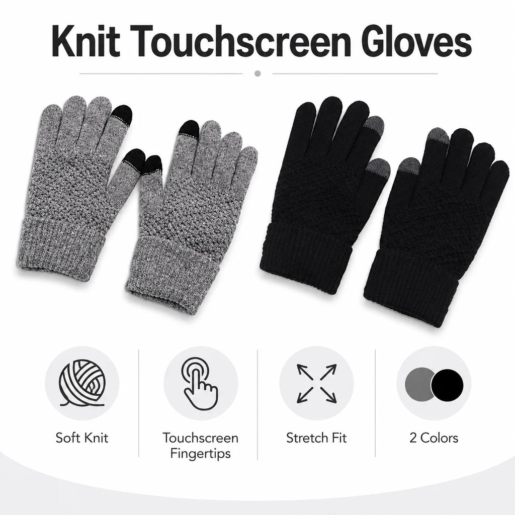 Knit Touchscreen Gloves for Women Men, Soft Warm Winter Gloves with Stretch Fit, Texting Fingertips for Daily Wear, Gray Black