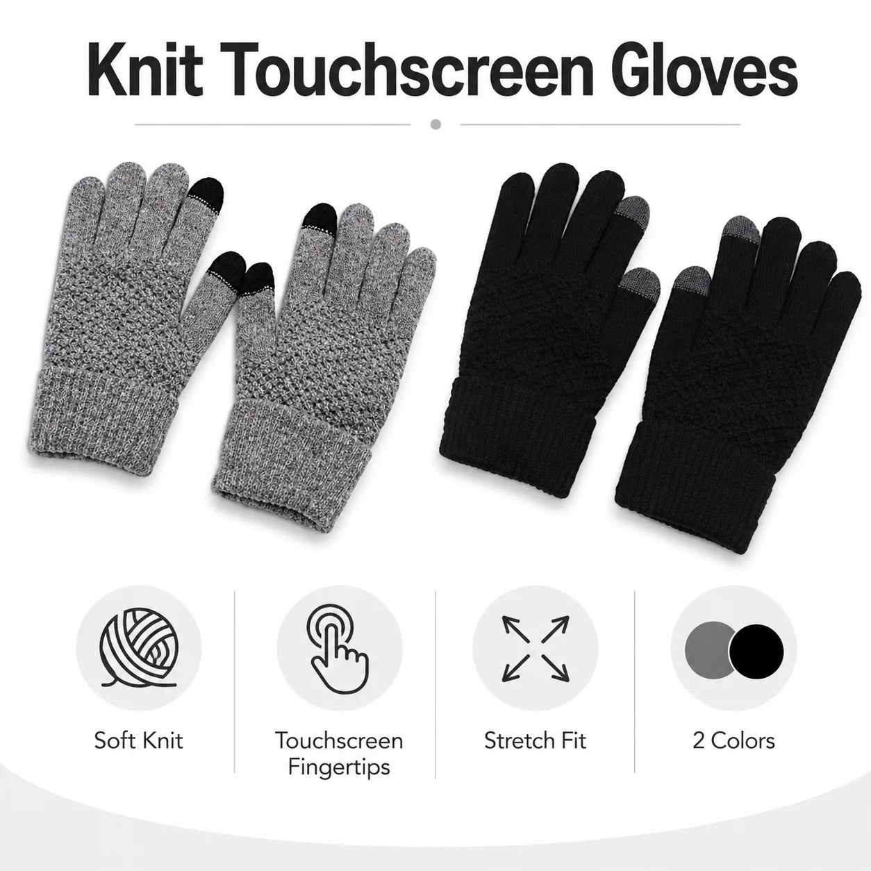 Knit Touchscreen Gloves for Women Men, Soft Warm Winter Gloves with Stretch Fit, Texting Fingertips for Daily Wear, Gray Black