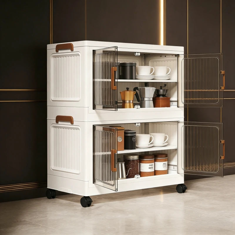 3/4/5/6-layer white plastic storage bins, foldable and stackable, with double doors, handles, and lockable wheels, see-through for easy storage, perfect for bedrooms, closets, and the living room
