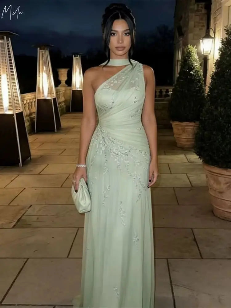 Mila Customized A-line Light Green Floral Embroidery Prom Dress One Shoulder Formal Evening Floor-length Vestidos De Fiesta 2026