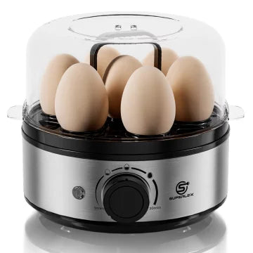 SUPERLEX Electric Egg Cooker 400W Stainless Steel Egg Boiler, Holds Up To 7 Eggs, Adjustable Timer Transparent Lid, Cool Touch Handle, Auto Warning Beep Egg Steamer for Soft Medium Hard Boiled Eggs Breakfast