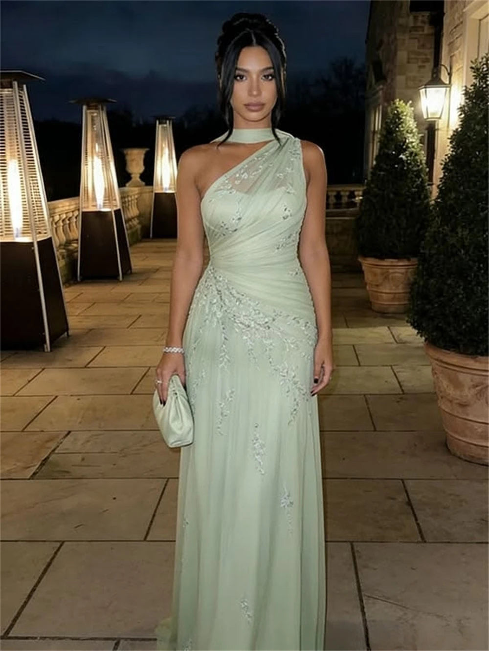 Mila Customized A-line Light Green Floral Embroidery Prom Dress One Shoulder Formal Evening Floor-length Vestidos De Fiesta 2026