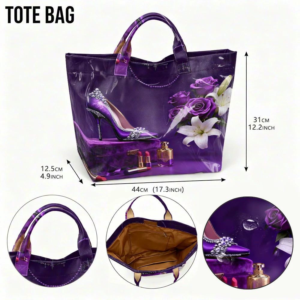 1pc Retro Purple High-Heeled Shoes Floral Print Tote Bag, Exquisite and Elegant Pattern Handbag, Artistic Handbag with Atmosphere, Practical and Versatile Storage Tote Bag for Large-Capacity Shopping and Commuting.