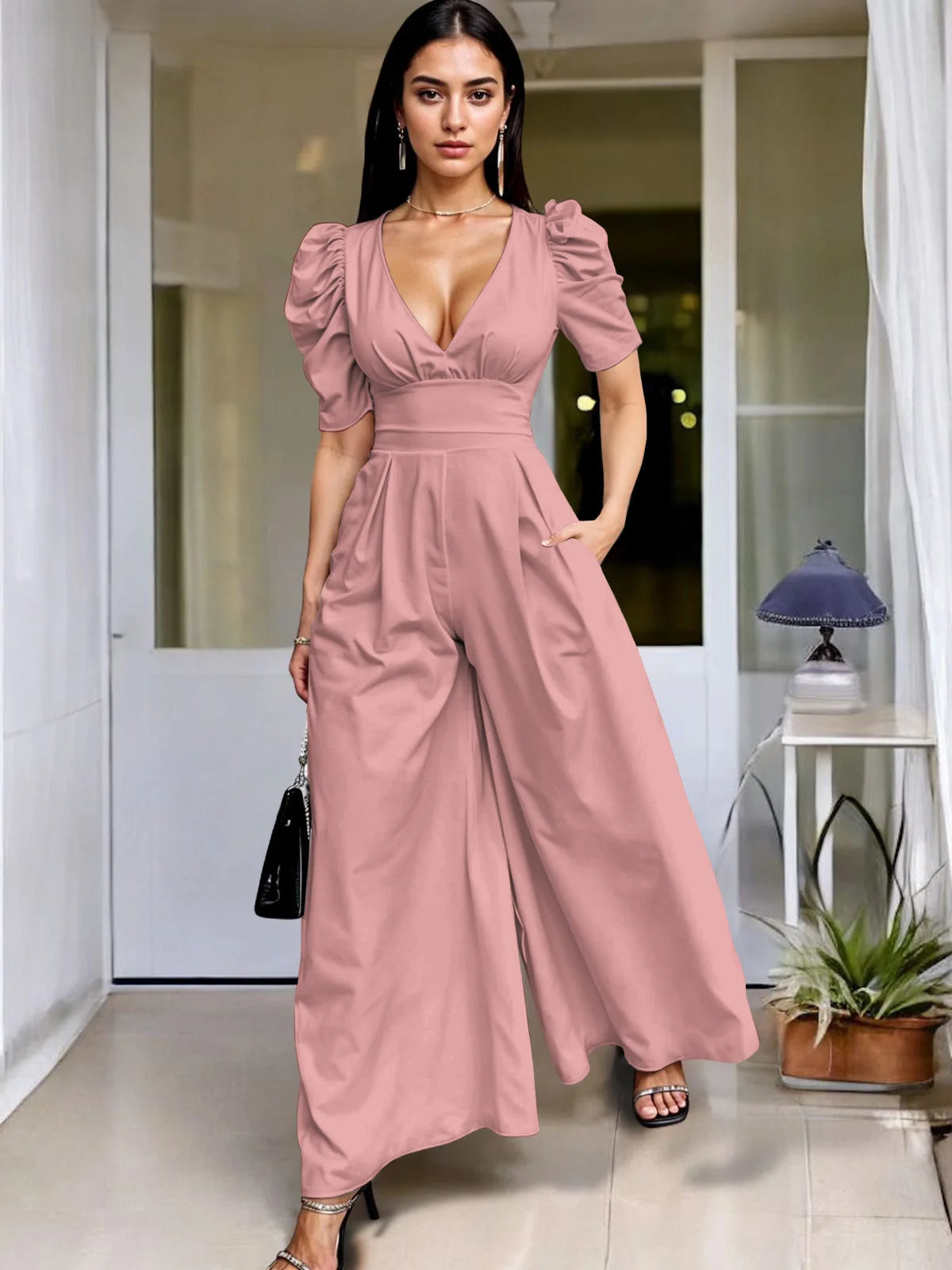 Wide Leg Jumpsuit V Neck Puff Sleeve Casual for Women