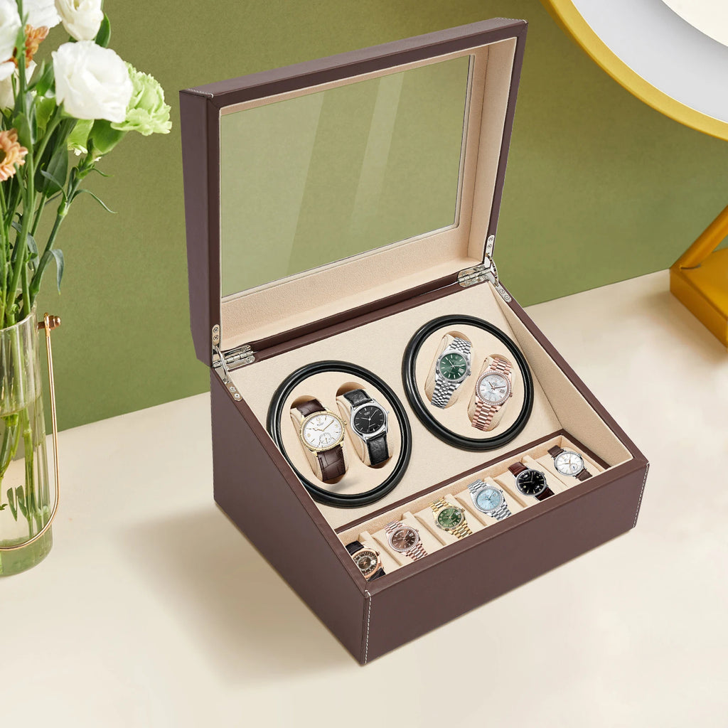 4+6 Watch Winder Automatic Watches Shaker PU Leather Mechanical Watch Box Watch Jewelry Display Box Storage Case For Gift Father’s Day Gifts