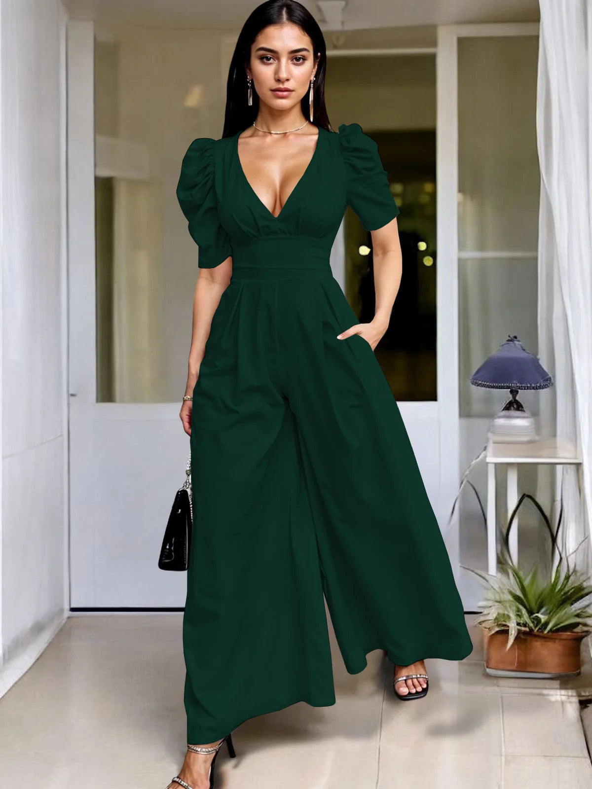 Wide Leg Jumpsuit V Neck Puff Sleeve Casual for Women