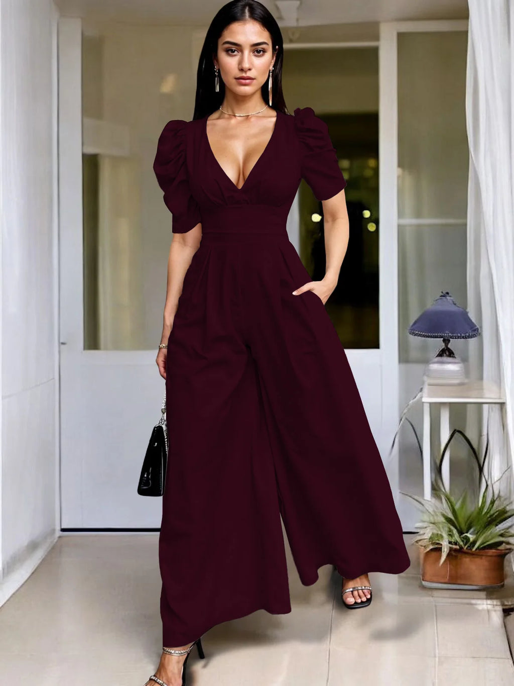 Wide Leg Jumpsuit V Neck Puff Sleeve Casual for Women