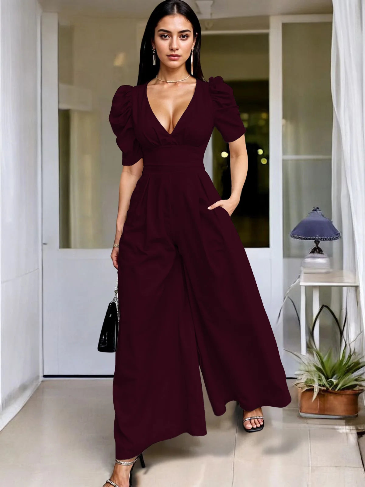 Wide Leg Jumpsuit V Neck Puff Sleeve Casual for Women