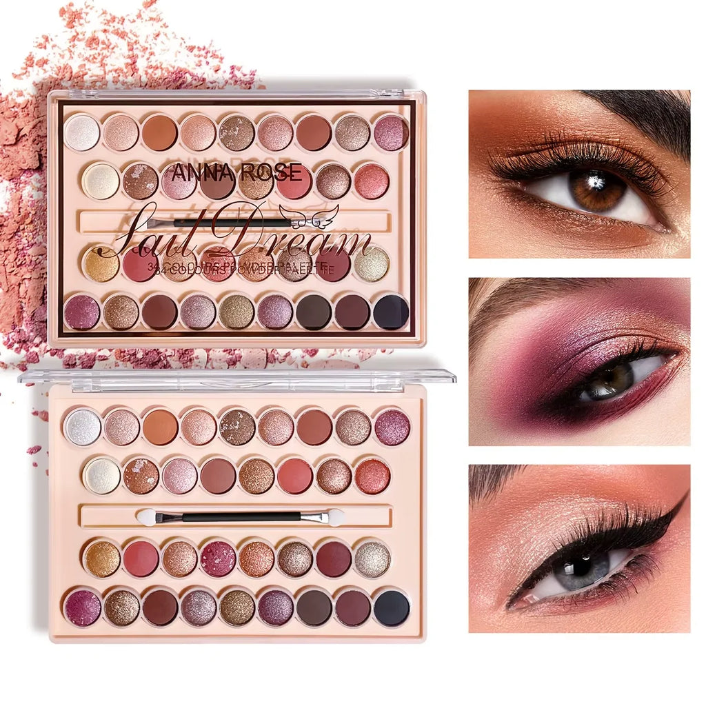 34-Color Eyeshadow Palette with Brush-High Pigment Matte & Shimmer Finishes Waterproof & Sweatproof Perfect - Coral & Nude Tones