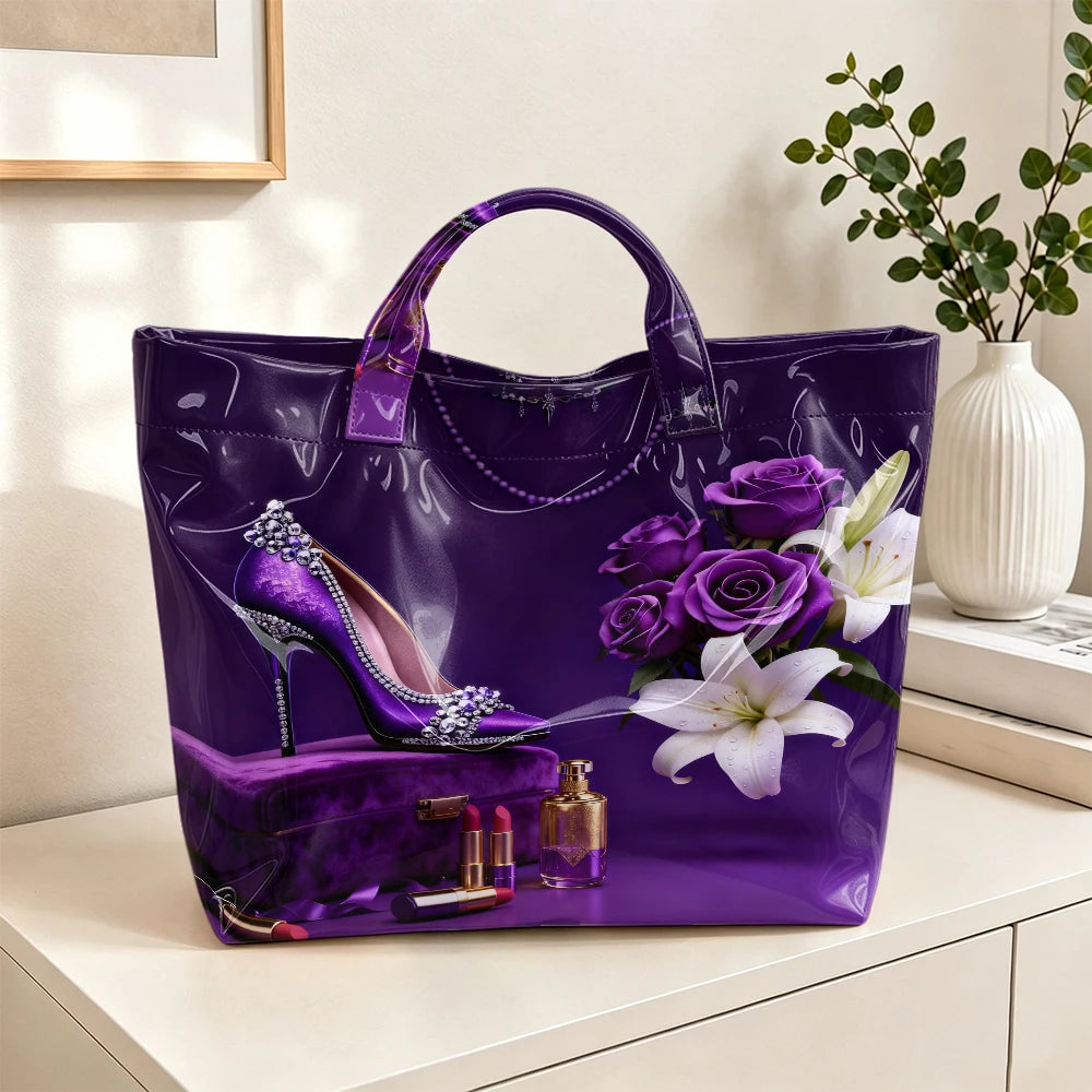 1pc Retro Purple High-Heeled Shoes Floral Print Tote Bag, Exquisite and Elegant Pattern Handbag, Artistic Handbag with Atmosphere, Practical and Versatile Storage Tote Bag for Large-Capacity Shopping and Commuting.