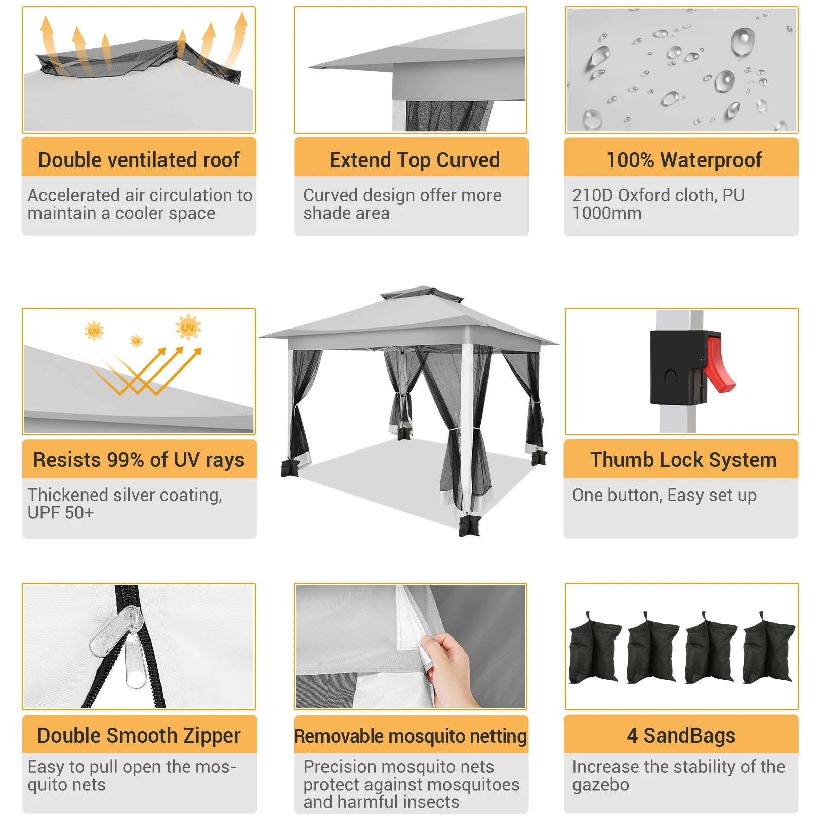 12x12ft Pop Up Gazebo Canopy Tent Easy Set Up Outdoor Portable Pavilion Sunshade Shelter With Mosquito Nettings & Sidewalls Double Vented Roof And Carry Bag For Patio Garden Lawn 3 Height Adjustable
