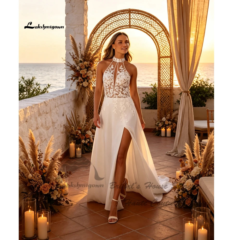 Lakshmigown Halter Beach Wedding Dress 2027 Backless Floral Lace Chiffon Slit A Line Bohemian Beach Bridal Gowns Customized