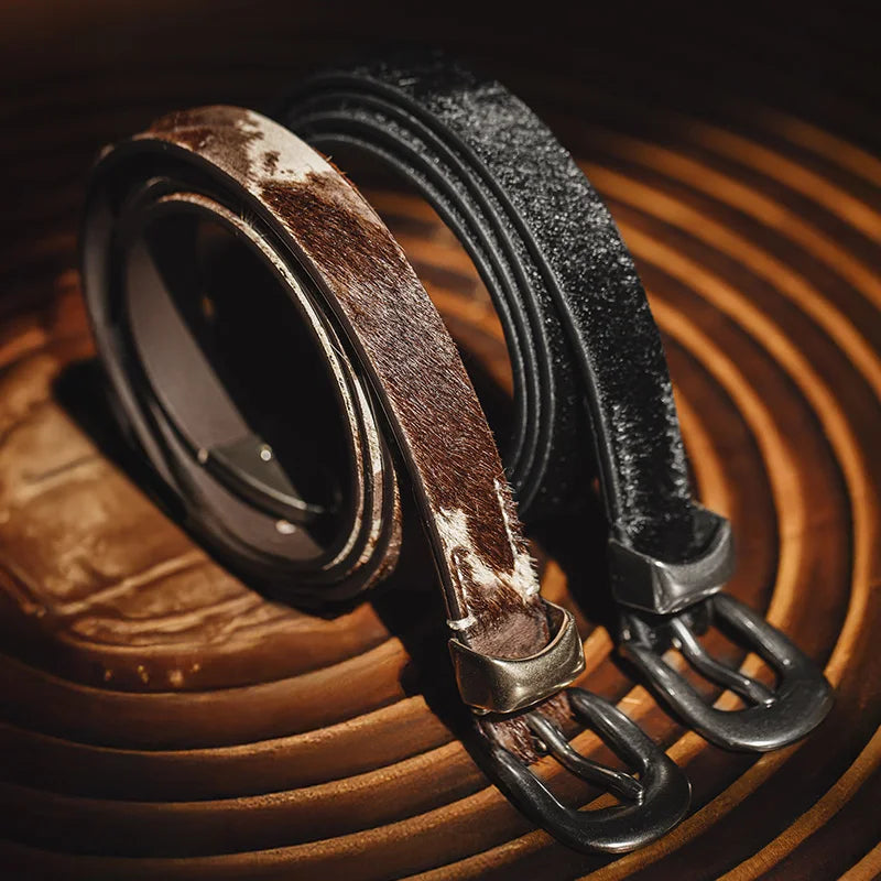 Maden Women’s Leather Belt Vintage Black Leopard Print Narrow Cowhide Belt with Pin Buckle Fashion Female Waist Accessories