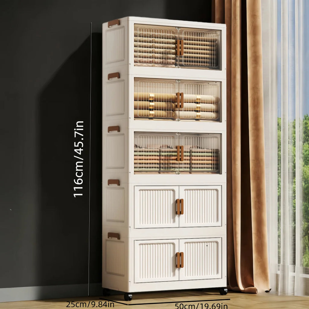 3/4/5/6-layer white plastic storage bins, foldable and stackable, with double doors, handles, and lockable wheels, see-through for easy storage, perfect for bedrooms, closets, and the living room