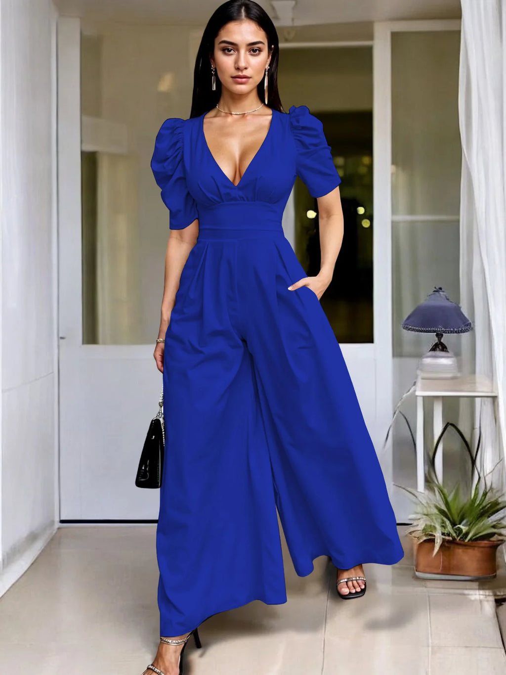 Wide Leg Jumpsuit V Neck Puff Sleeve Casual for Women