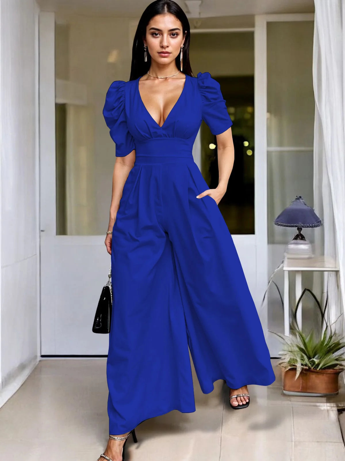 Wide Leg Jumpsuit V Neck Puff Sleeve Casual for Women