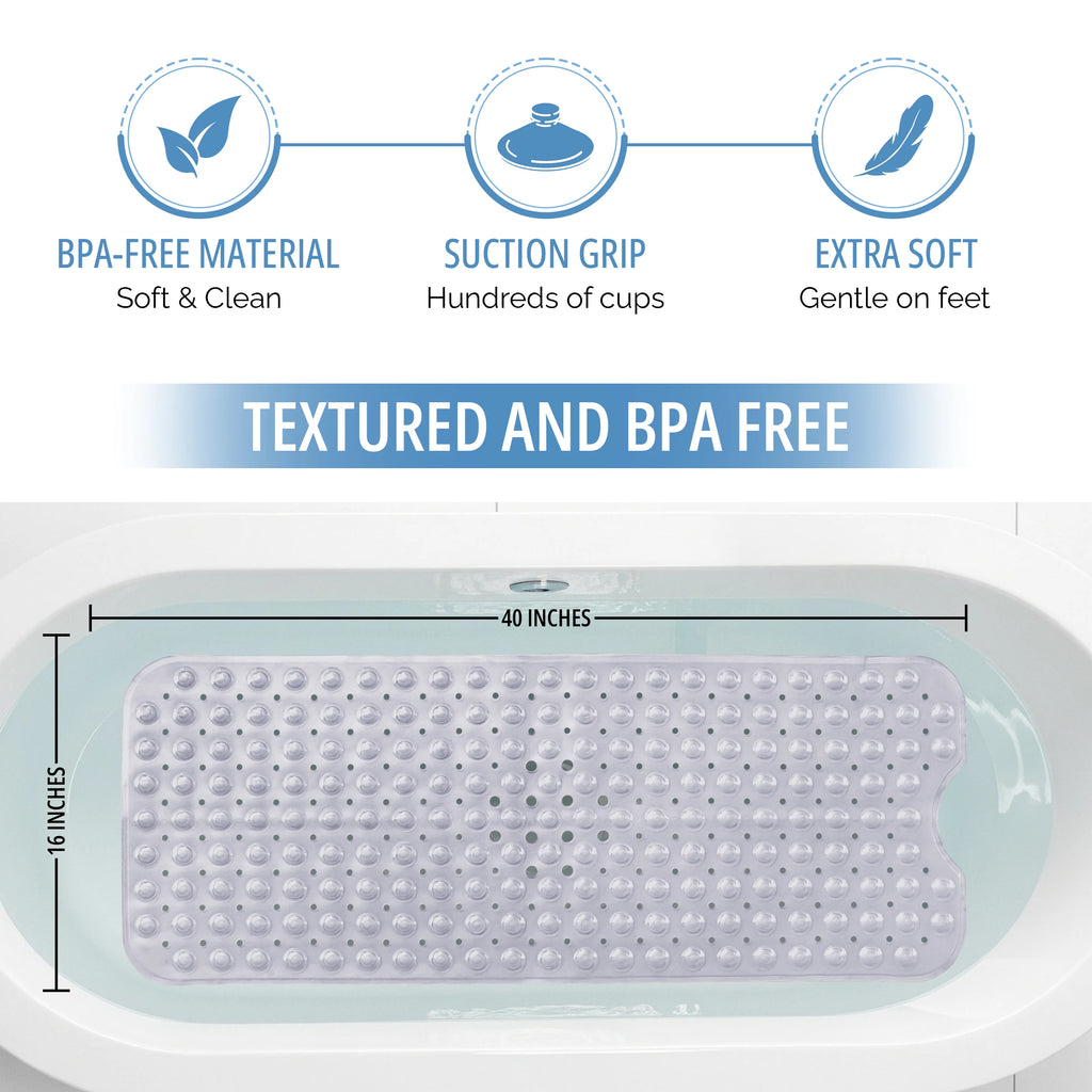 Lux Decor Collection Extra-Large 40x16" Bathtub Mat – Non-Slip Shower Mat with Suction Cups & Drain Hole-  Machine Washable Mat